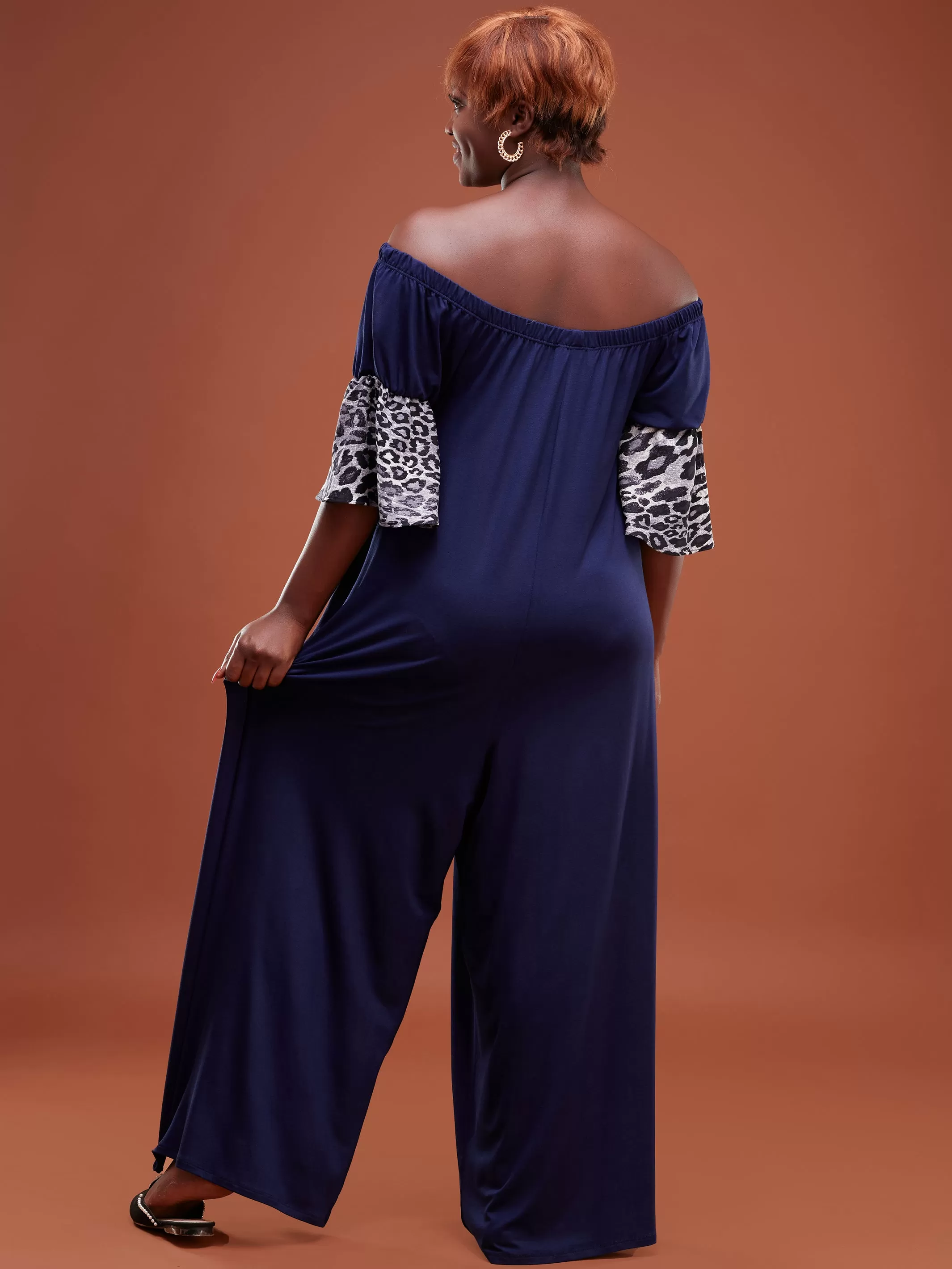 Safari Ayana 3/4 Sleeved Off Shoulder Jumpsuit - Navy / Brown Print