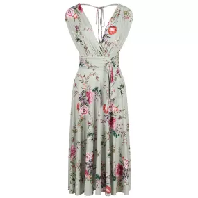 Sage Green Floral V Neck Crossover Top Empire Waist Swing Dress