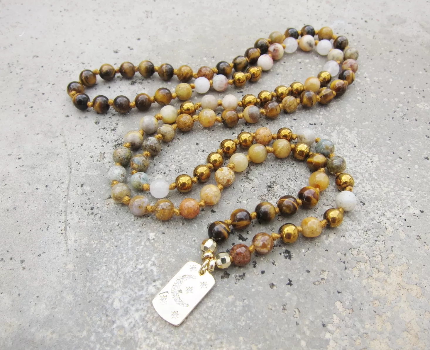 SALE - Tiger Eye, Cats Eye, Flower Agate, with Moon and Star Pendant Necklace