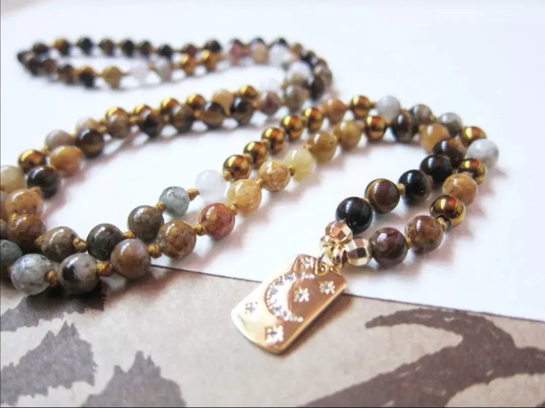 SALE - Tiger Eye, Cats Eye, Flower Agate, with Moon and Star Pendant Necklace