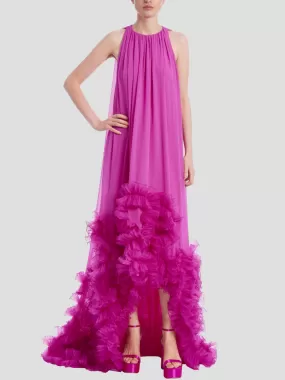 Sleeveless High-Low Dress with Tulle Ruffle Hem in Orchid