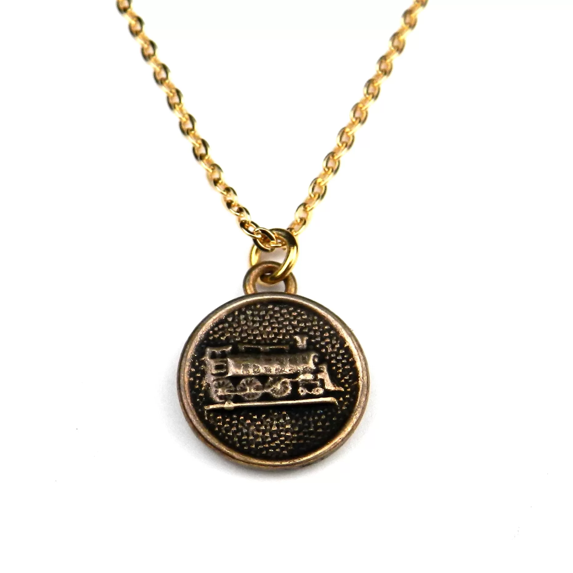 STEAM TRAIN Antique Button Necklace - Bronze