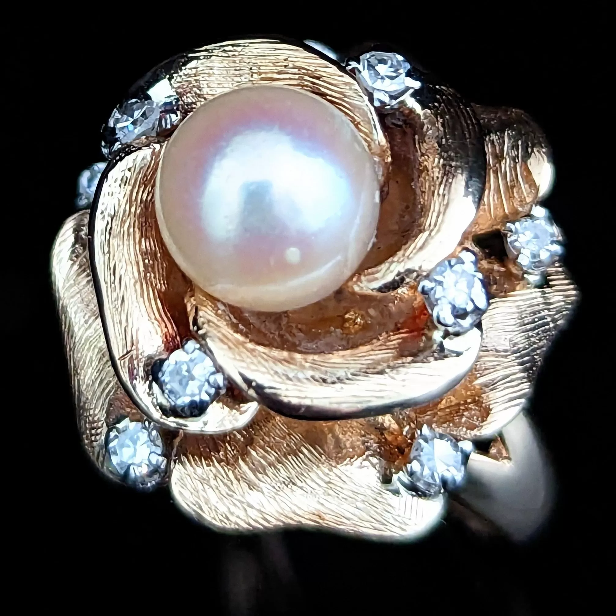 The Savannah - Vintage Pearl Diamond 14k Gold Cocktail Rose Ring c.1960s