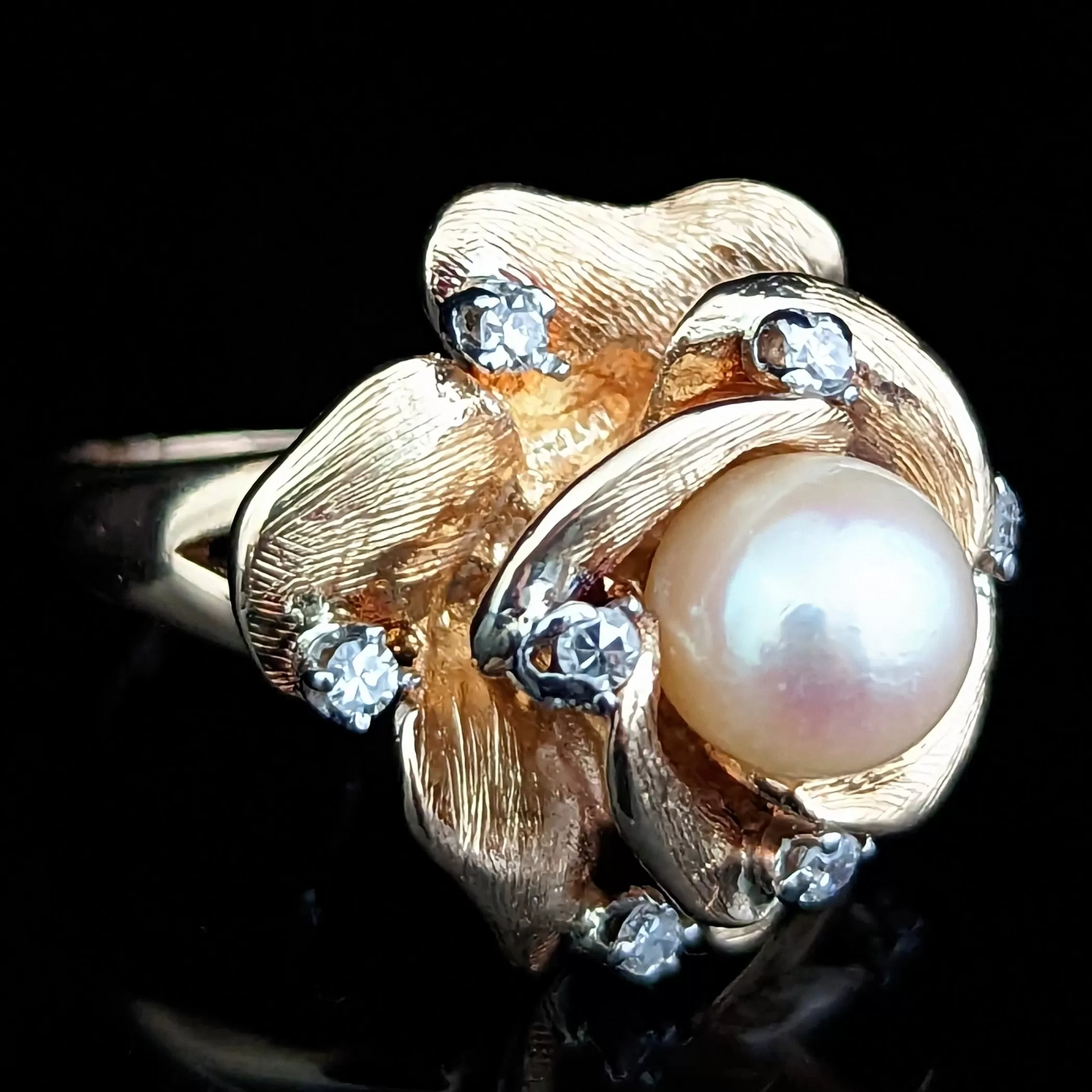 The Savannah - Vintage Pearl Diamond 14k Gold Cocktail Rose Ring c.1960s