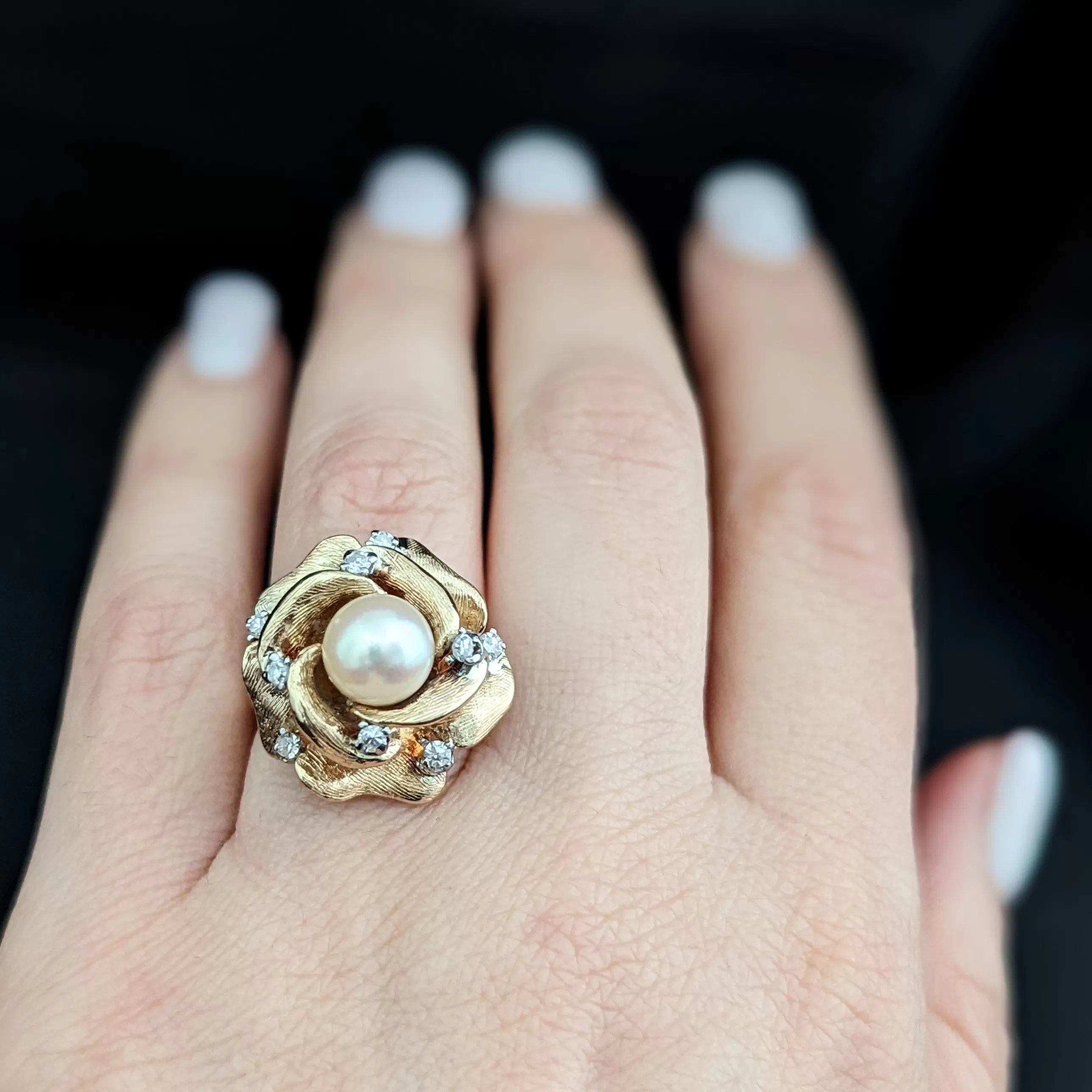 The Savannah - Vintage Pearl Diamond 14k Gold Cocktail Rose Ring c.1960s