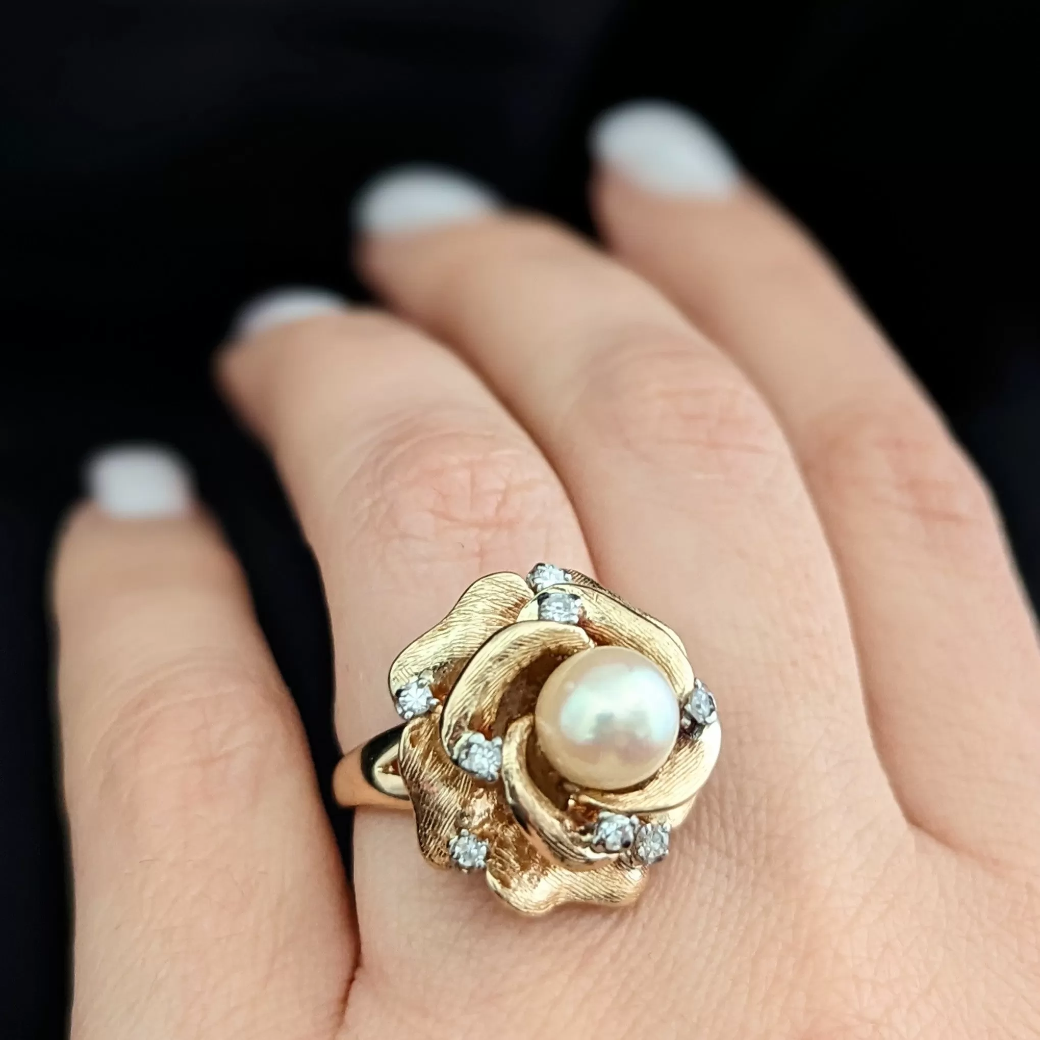 The Savannah - Vintage Pearl Diamond 14k Gold Cocktail Rose Ring c.1960s