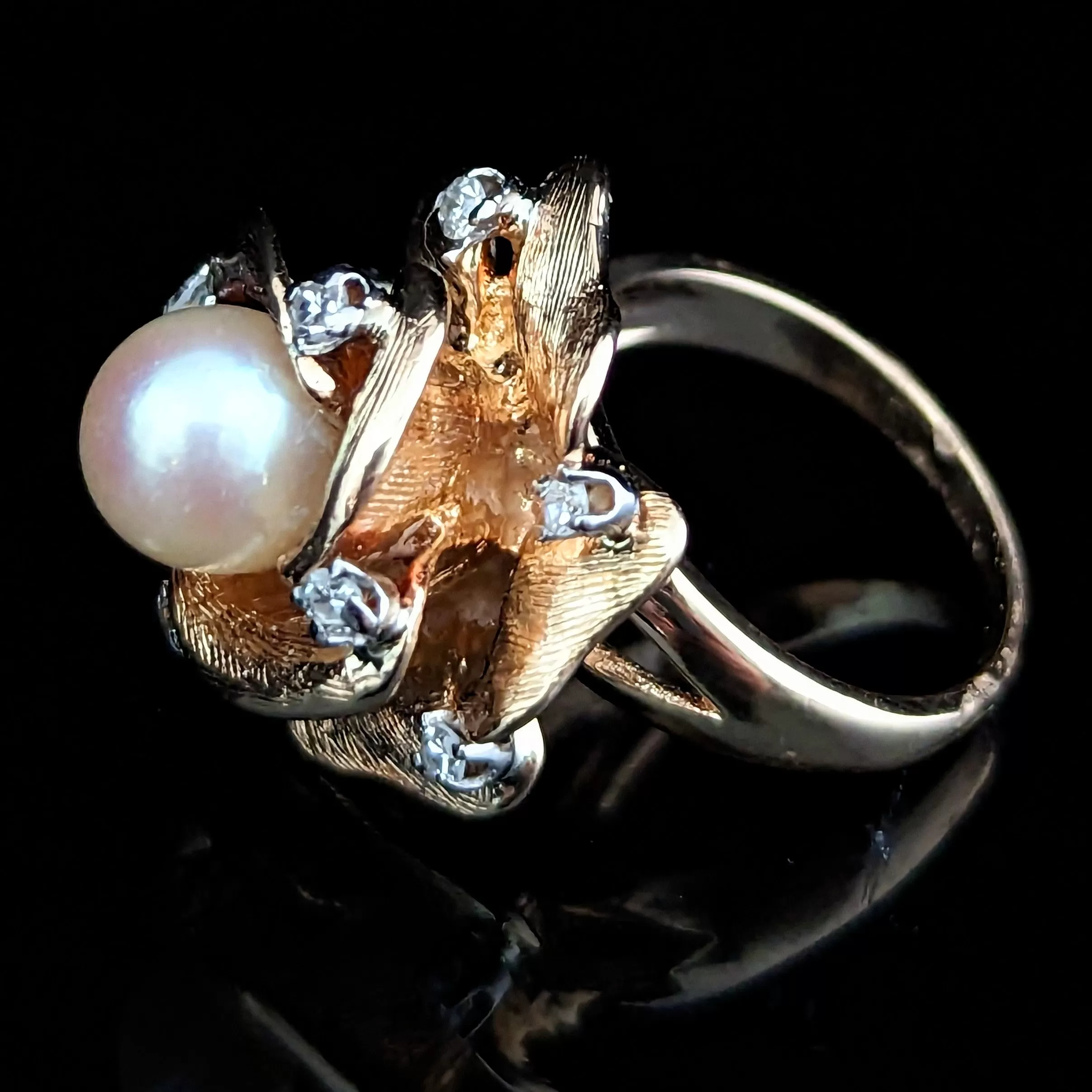 The Savannah - Vintage Pearl Diamond 14k Gold Cocktail Rose Ring c.1960s