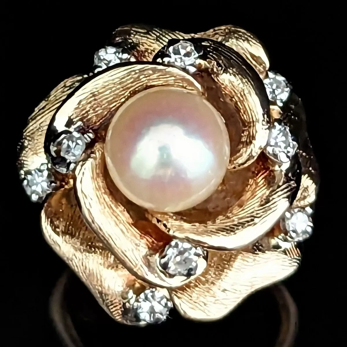 The Savannah - Vintage Pearl Diamond 14k Gold Cocktail Rose Ring c.1960s