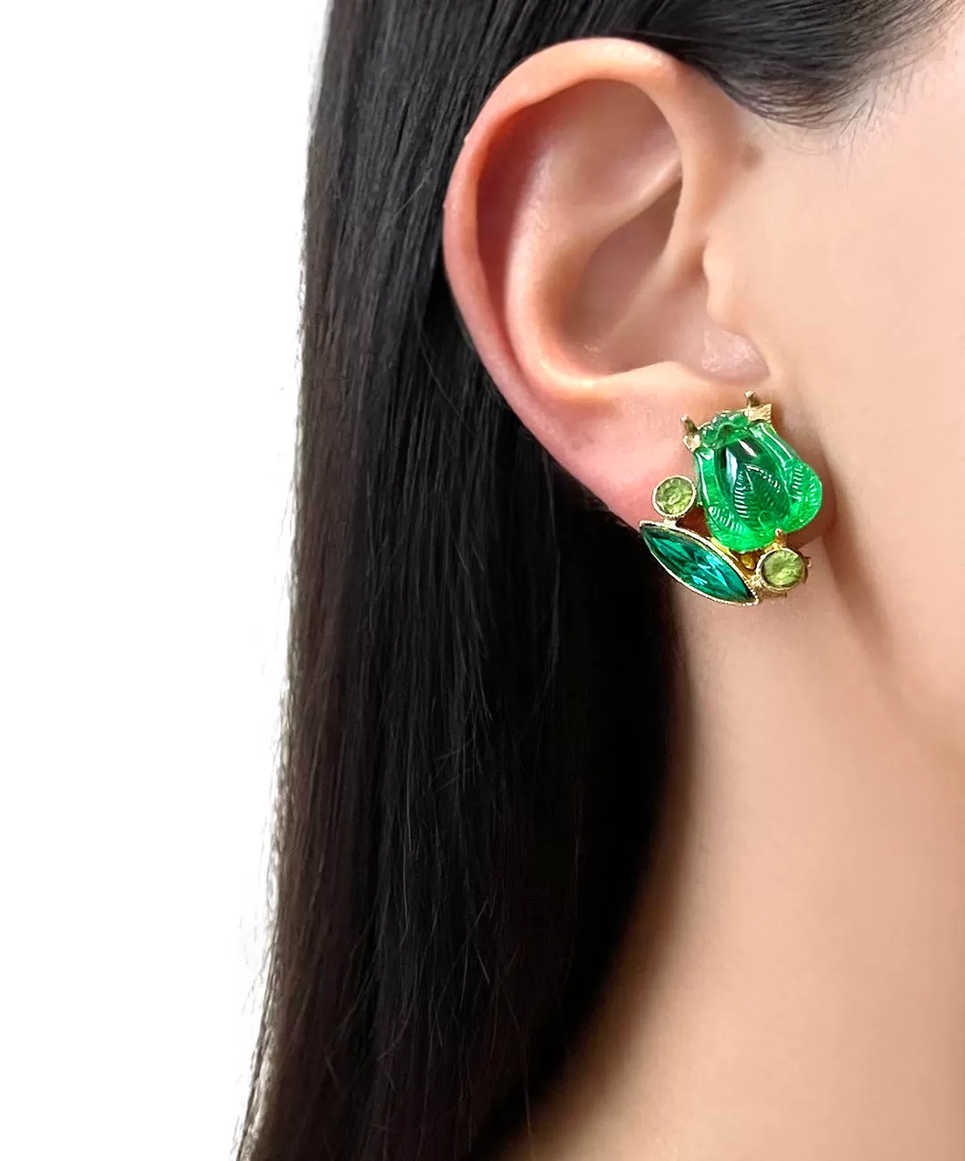 【USA輸入】ヴィンテージ グリーン フラワー イヤリング/Vintage Green Flower Clip On Earrings