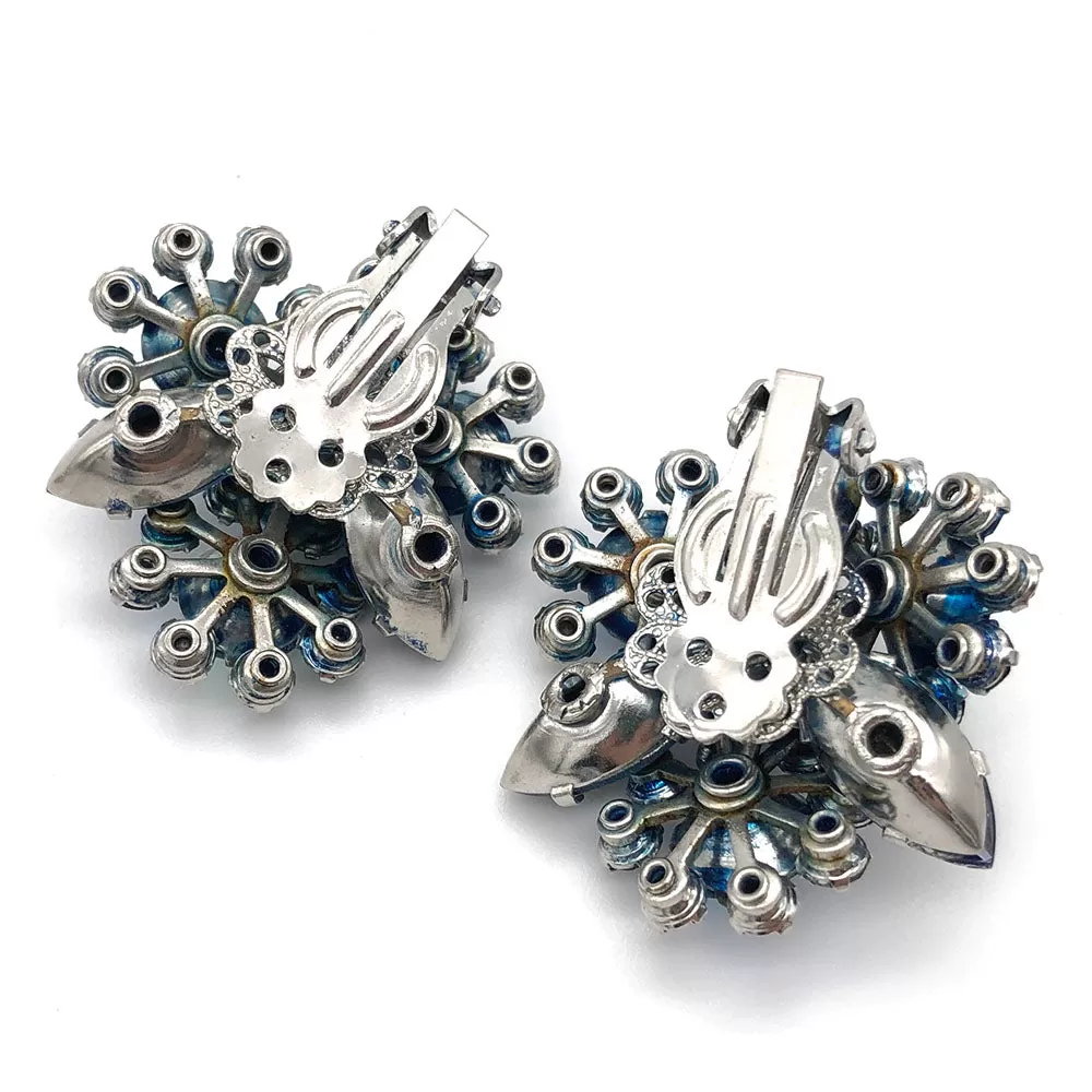 【USA輸入】ヴィンテージ ブルー フラワー ラインストーン イヤリング/Vintage Blue Flower Rhinestones Clip On Earrings