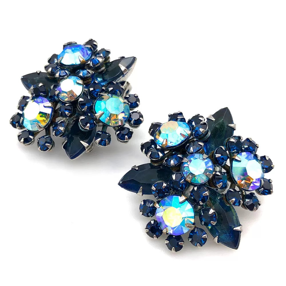 【USA輸入】ヴィンテージ ブルー フラワー ラインストーン イヤリング/Vintage Blue Flower Rhinestones Clip On Earrings