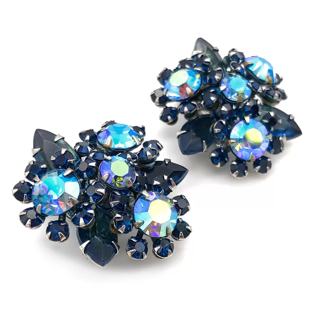 【USA輸入】ヴィンテージ ブルー フラワー ラインストーン イヤリング/Vintage Blue Flower Rhinestones Clip On Earrings