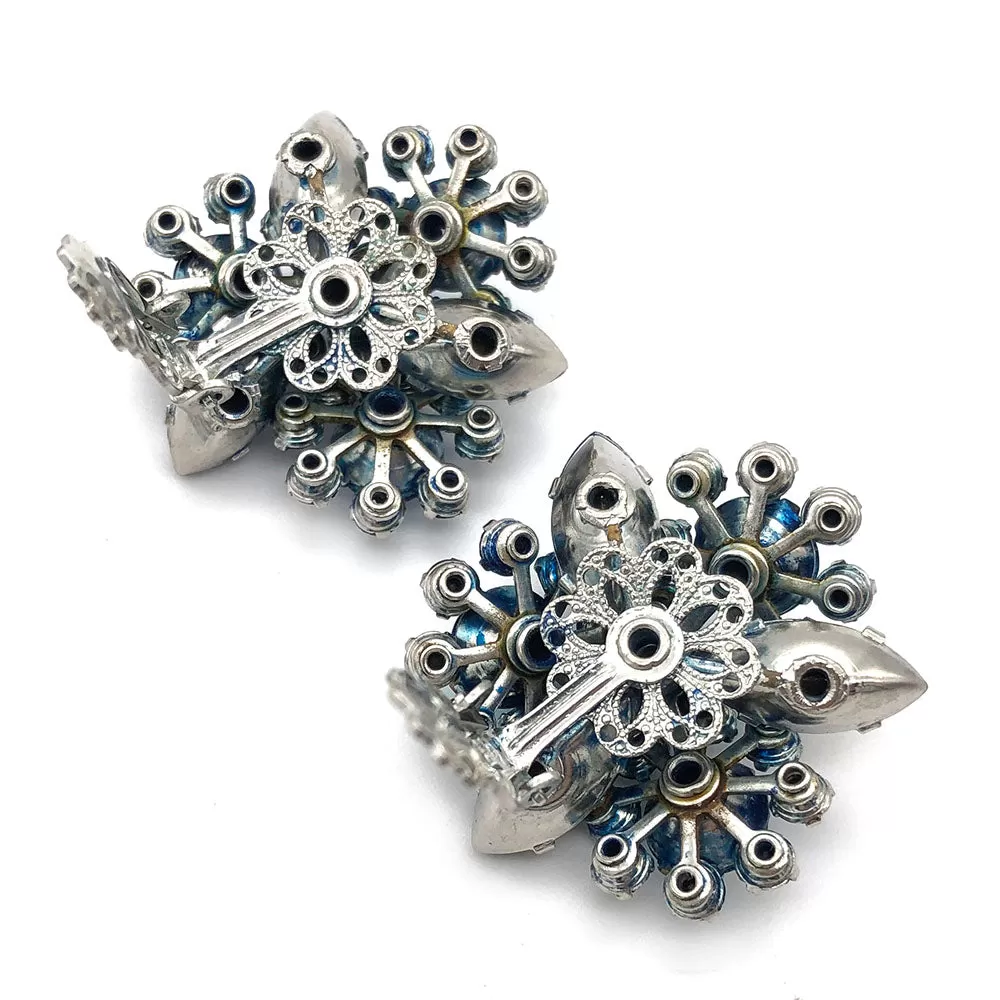 【USA輸入】ヴィンテージ ブルー フラワー ラインストーン イヤリング/Vintage Blue Flower Rhinestones Clip On Earrings