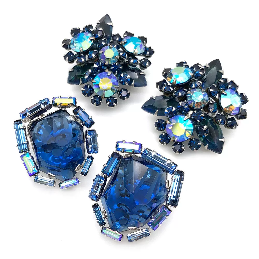 【USA輸入】ヴィンテージ ブルー フラワー ラインストーン イヤリング/Vintage Blue Flower Rhinestones Clip On Earrings