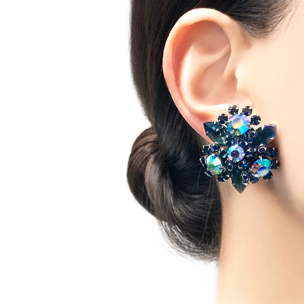 【USA輸入】ヴィンテージ ブルー フラワー ラインストーン イヤリング/Vintage Blue Flower Rhinestones Clip On Earrings