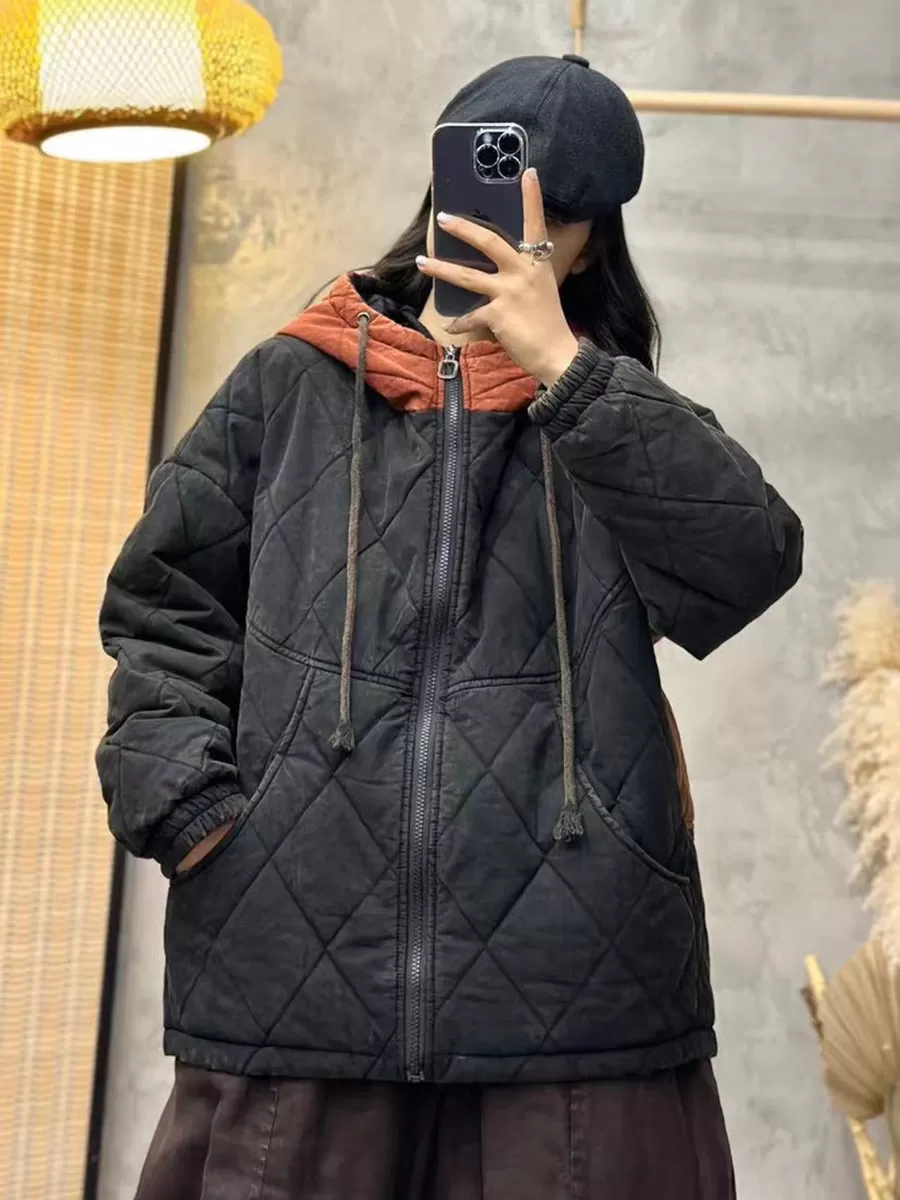 Women Winter Rhomboids Colorblock Cotton Hooded Coat