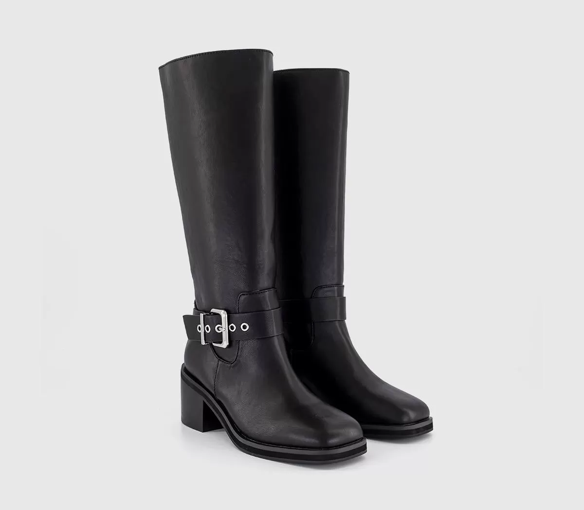 Womens Office Kyra Buckle Strap Biker Knee Boots Black