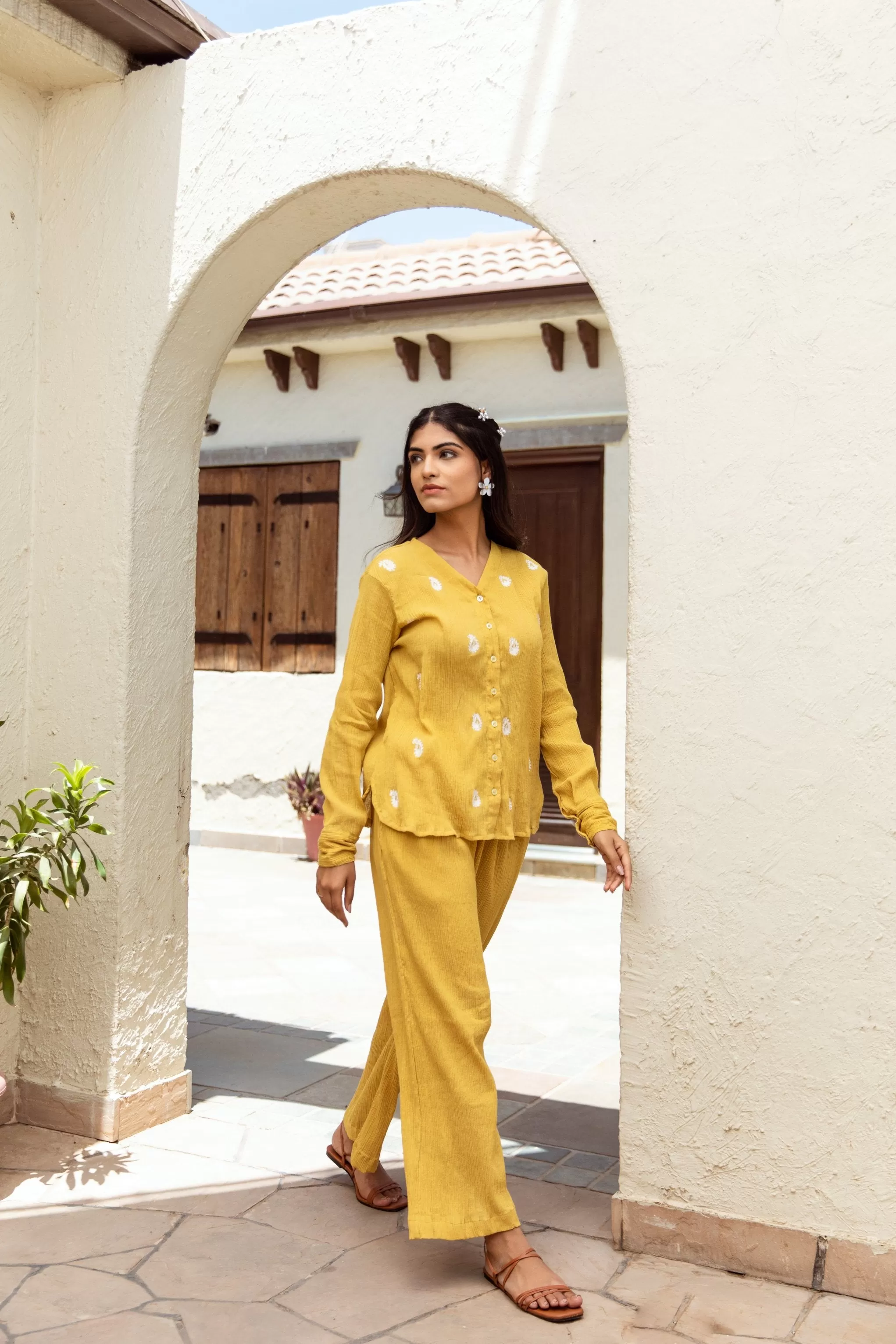 Yellow cotton gauze embroidered co-ord set