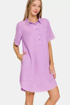 Zenana Washed Linen Raw Hem Dress with Pockets